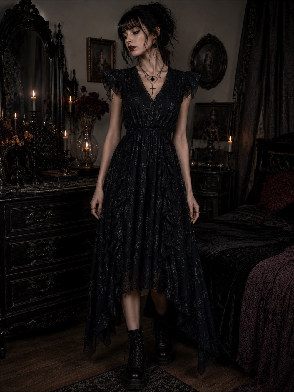 Elegant Black Floral Burnout Sparkle Glitter Women's Dress VTG INC Fairycore